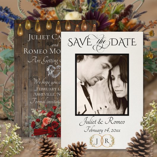 Foto, Rozen & Blad Monogram - Rood Save The Date