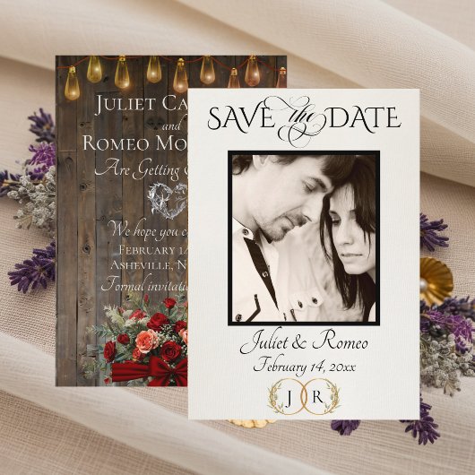 Foto, Rozen & Blad Monogram - Rood Save The Date
