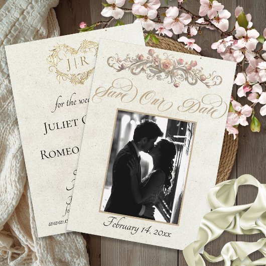 Foto, Rozen & Monogram - Crème Save The Date