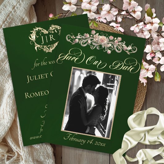 Foto, Rozen & Monogram - Smaragd Save The Date