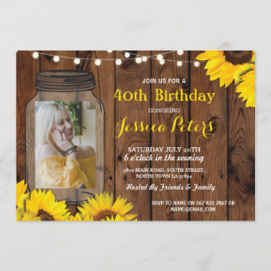 Foto Rustic Jar Birthday Party Wood Sunflower Kaart