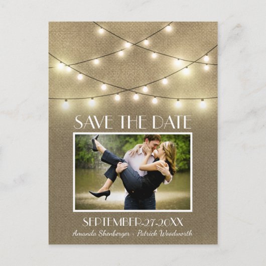 Foto Rustic Lights Burlap Save the Date Briefkaart (Voorkant)