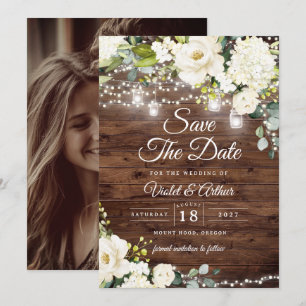 Foto Rustic String Lights Wedding Save The Date Kaart