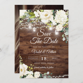 Foto Rustic String Lights Wedding Save The Date Kaart