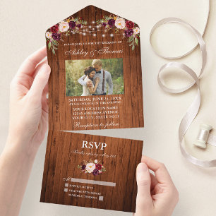 Foto Rustic Wedding Floral Wood Licht All In One Uitnodiging