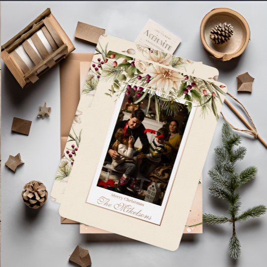 Foto Rustieke Waterverf Botanische Kerst Folie Feestdagenkaart