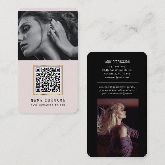 foto ' s qr code scannable barcode modern blush ro visitekaartje (Voorkant / Achterkant)