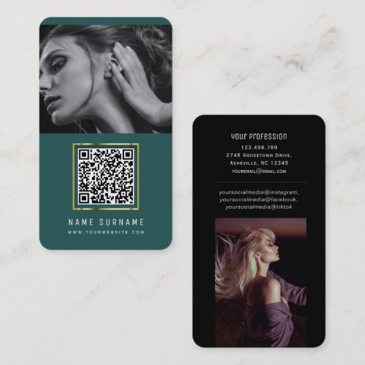 foto ' s qr code scannable barcode modern emerald visitekaartje (Voorkant / Achterkant)