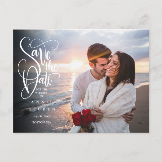 Foto Save the Date Elegante Witte Script Modern Aankondigingskaart (Voorkant)