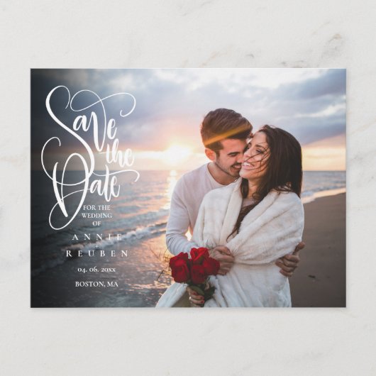 Foto Save the Date Elegante Witte Script Moderne Briefkaart (Voorkant)