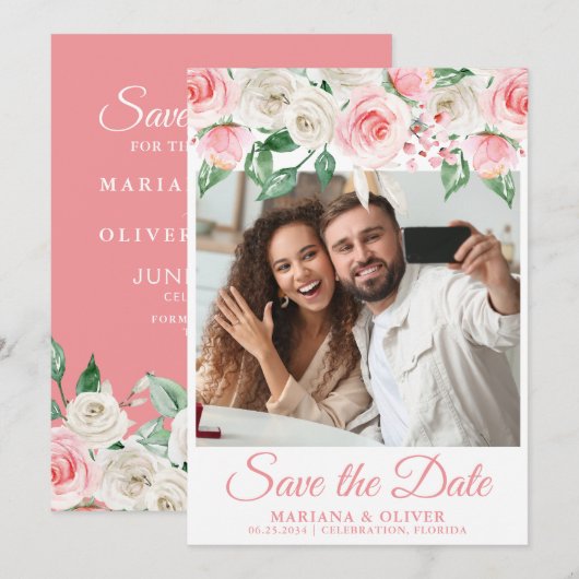 Foto Save the Date Kaart Peach Floral (Voorkant / Achterkant)