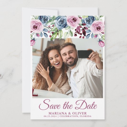 Foto Save the Date Navy Blauwe Bourgondiër Bloem Kaart (Voorkant)