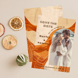 Foto Save the Date, retro gebrand sinaasappel ontw Kaart