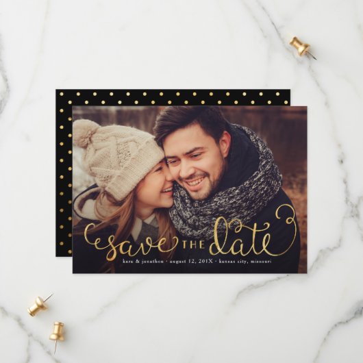 Foto Save the Dates with Faux Gold Foil Script Date (Voorkant / Achterkant in situ)