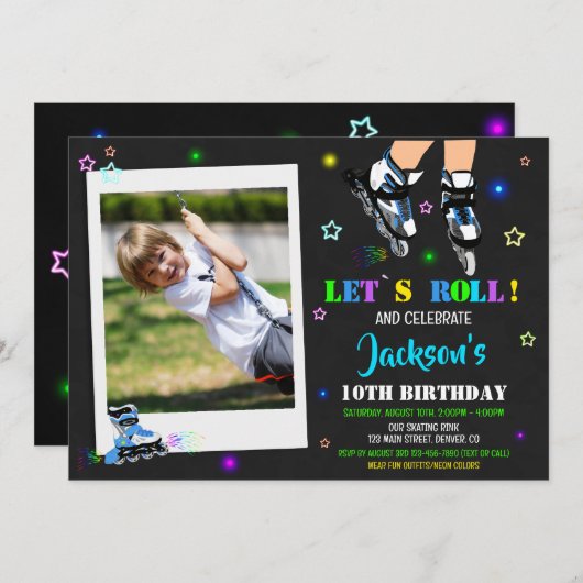 Foto schaatsen verjaardag uitnodiging Roller party (Voorkant / Achterkant)