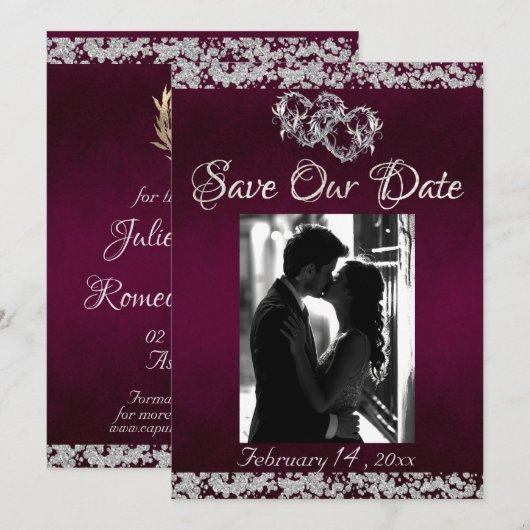 Foto, Silver Hearts & Glitter - Paarse Save The Date (Voorkant / Achterkant)