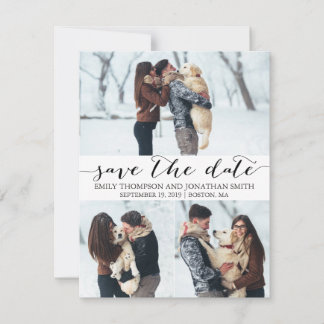 Foto slaat de datumkaart op met drie Afbeeldingen Save The Date
