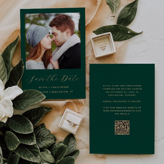 Foto Smaragdgroen Gouden Script QR Code Save The Date