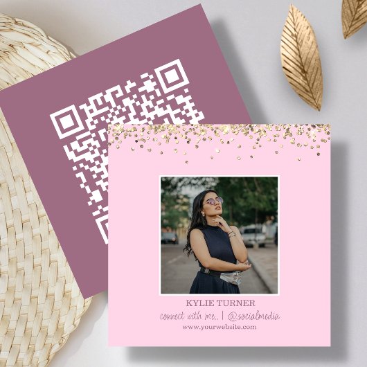 Foto | Sociale media | Roze glitter | QR-code Vierkante Visitekaartje