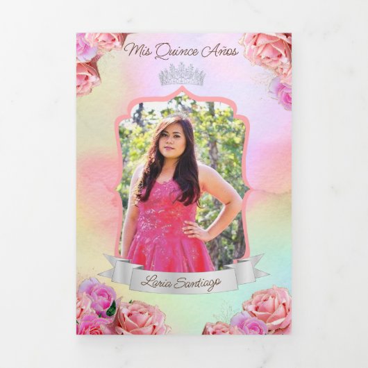 Foto: Spaans Roze Rainbow Quinceanera Drieluik Uitnodiging (Cover)