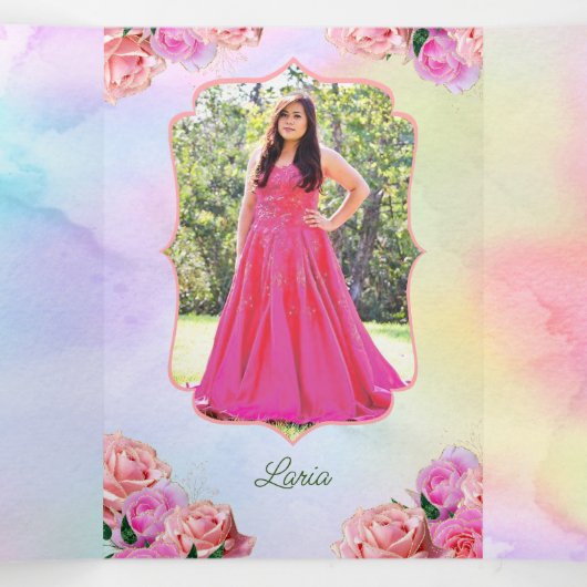 Foto: Spaans Roze Rainbow Quinceanera Drieluik Uitnodiging (Binnenkant midden)