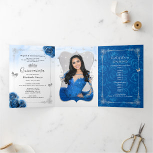 Foto: Spaans Silver Royal Blue Quinceanera Drieluik Uitnodiging