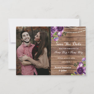 Foto sparen de datum Rustic Wood Purple Flowers Save The Date