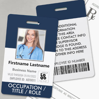 Foto-, streepjescode-, naam- en logo-navyblauw ID- Badge