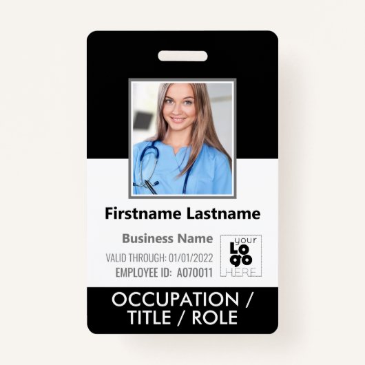 Foto, Streepjescode, Personeelsnaam en Logo Zwart  Badge (Voorkant)