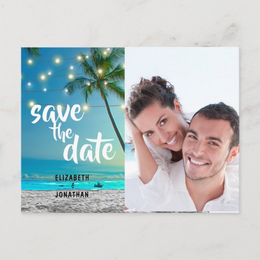 Foto String Lights Tropical Beach Save The Date Aankondigingskaart (Voorkant)