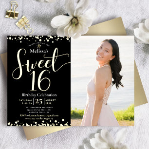 Foto Sweet 16 Birthday Modern Black Real Gold Folie Uitnodiging