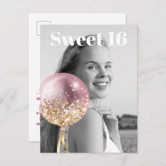 * FOTO Sweet 16 Birthday Roos Balloon AP29 Uitnodiging Briefkaart (Voorkant / Achterkant)