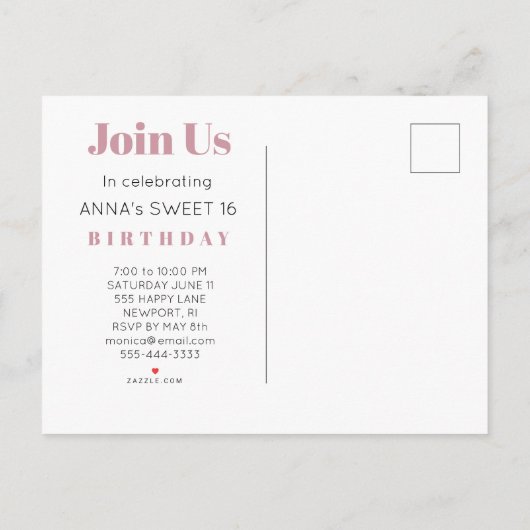 * FOTO Sweet 16 Birthday Roos Balloon AP29 Uitnodiging Briefkaart (Achterkant)