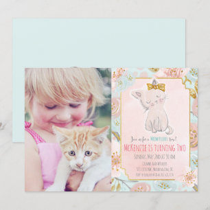 FOTO TOEVOEGEN - Aardige Kitten Bloemige Verjaarda Kaart