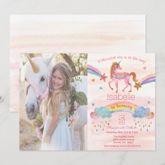 Foto toevoegen Rainbow Unicorn Birthday Invitation Kaart (Voorkant / Achterkant)