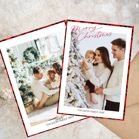 Foto Trendy Minimalist Plaid Gingham Xmas tree Feestdagenkaart