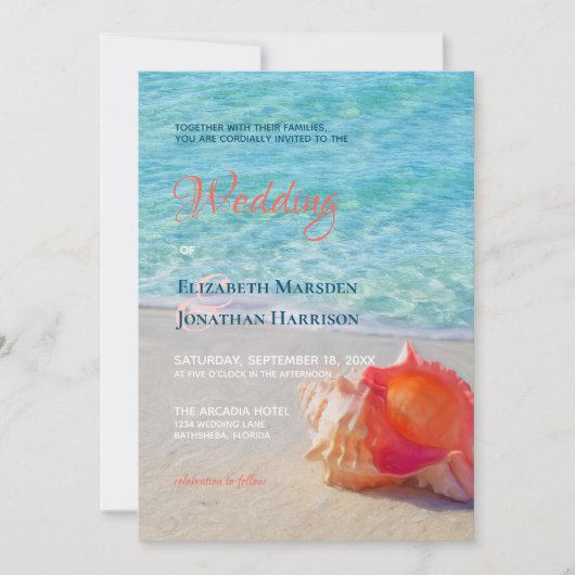 Foto Tropical Beach Conch Shell Modern Wedding Kaart (Voorkant)