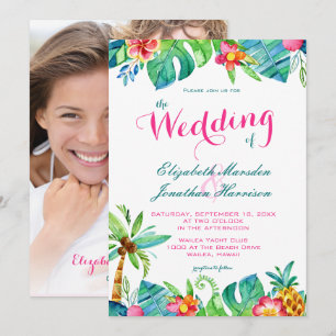 Foto Tropical Beach Pink Blauwgroen Floral Wedding Kaart