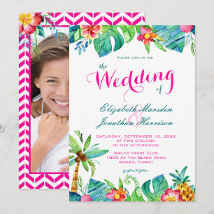 Foto Tropical Berry Pink Blauwgroen Floral Wedding Kaart