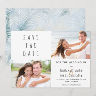 Foto Tropical Palm Leaves Blue Bewaar de datum Kaart