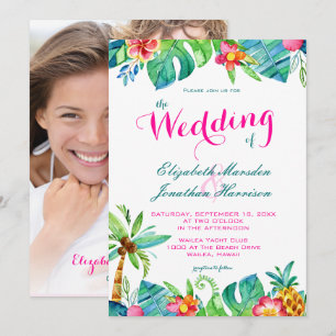 Foto Tropisch Roze Blauwgroen Floral Chevron Weddi Kaart