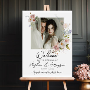 Foto trouw welkom bord, waterverf bloemen poster