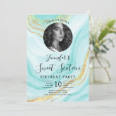 FOTO Turkoois Marmer Glitter Sweet 16 Party Kaart (Staand voorkant)