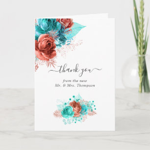 Foto Turquoise & Coral Waterverf Floral Wedding Bedankkaart