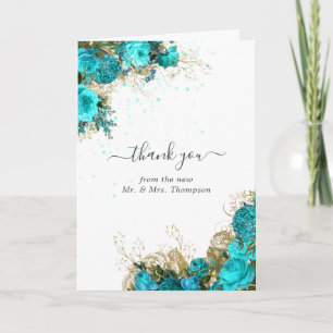 Foto Turquoise en Gold  Floral Wedding Bedankkaart