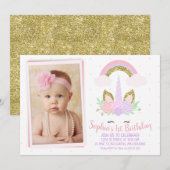 Foto Unicorn en Rainbow Birthday Uitnodiging (Voorkant / Achterkant)