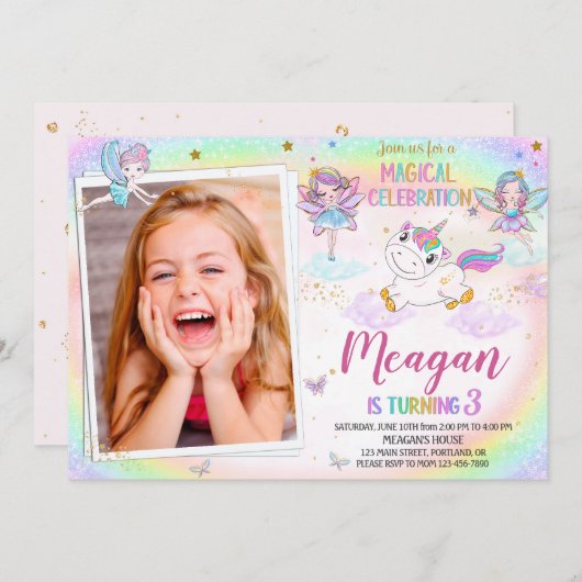 Foto: Unicorn verjaardagsuitnodiging Zuiveluitnodi Kaart (Voorkant / Achterkant)