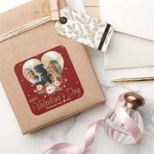 Foto Valentijnsdag Heart Gold Glitter Heart Red Vierkante Sticker