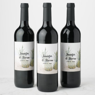 Foto van 2 ananassen op een strand bruiloft wijn etiket