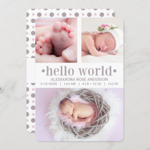 Foto van baby Hallo World Taupe/Pink 3 Aankondiging